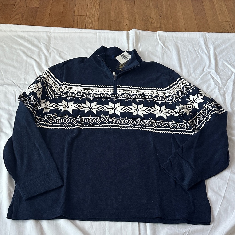 Polo Ralph Lauren Men Quarter-Zip L Snowflake Fair Isle Pullover Sweater Navy